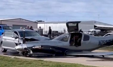 Avião ultrapassa pista de pouso e colide com veículo em estrada